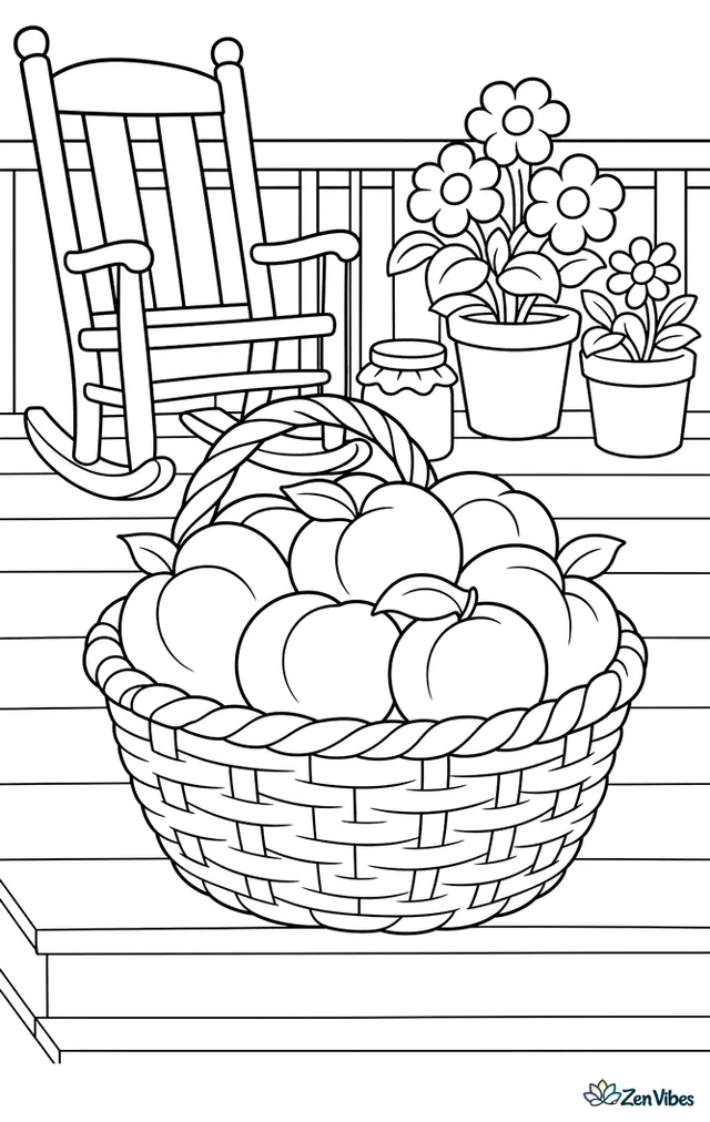 Several Elberta peaches fill a woven basket on a porch step, with a rocking chair, a jar of jam, and flowerpots lined along the railing behind.