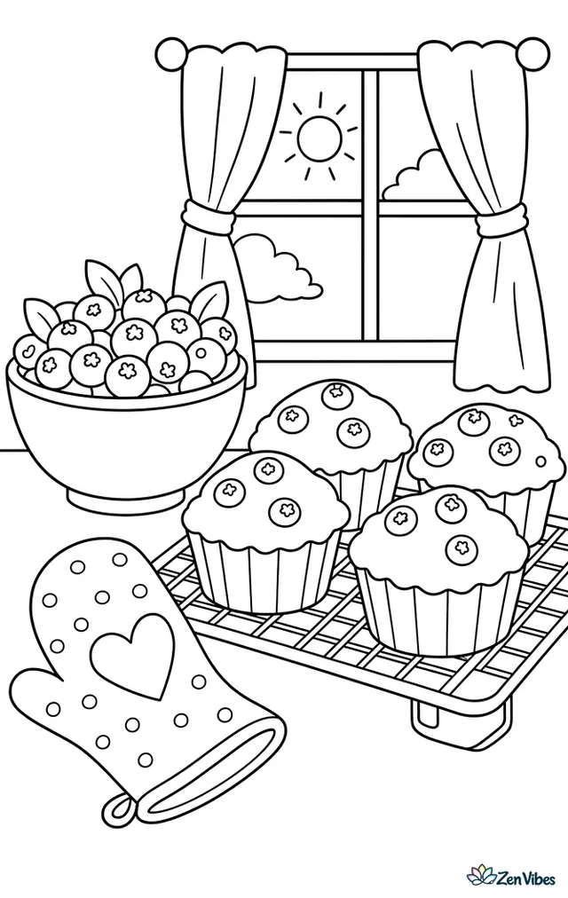 A bowl of wild blueberries sits beside fresh muffins on a kitchen counter, with an oven mitt, a cooling rack, and a curtained window letting in sunlight.