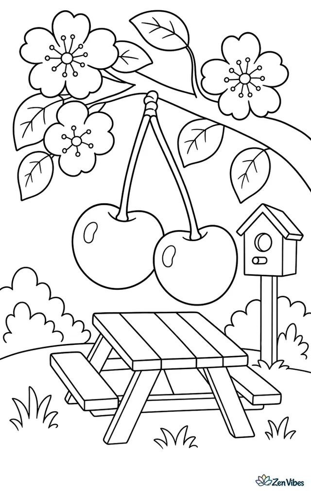 A pair of Bing cherries dangles from a branch above a picnic bench, while blossoms, leaves, and a small birdhouse decorate the backyard scene.