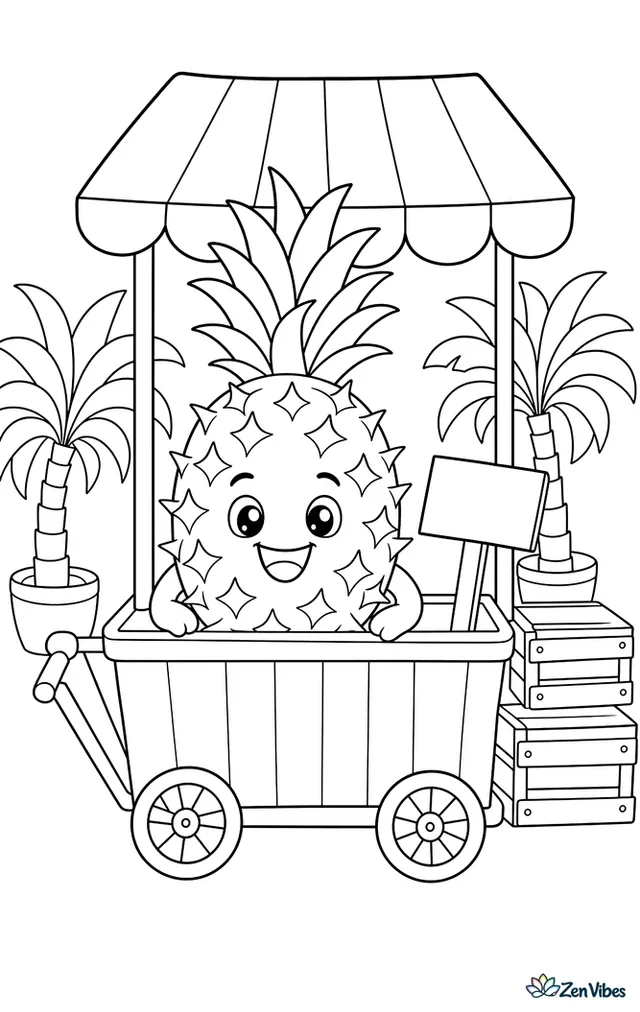 A spiky Smooth Cayenne pineapple rides in a small market cart with a price sign, striped awning, stacked crates, and potted palms around the stall.