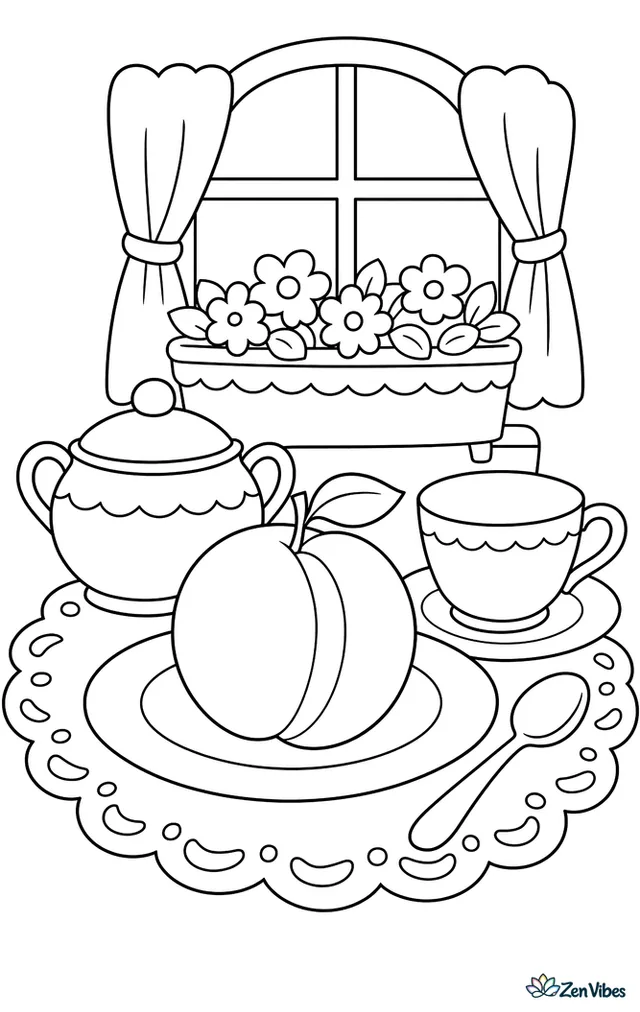 A purple Santa Rosa plum sits on a plate beside a teacup, sugar bowl, and spoon, while a lace tablecloth and window box create a cozy afternoon scene.