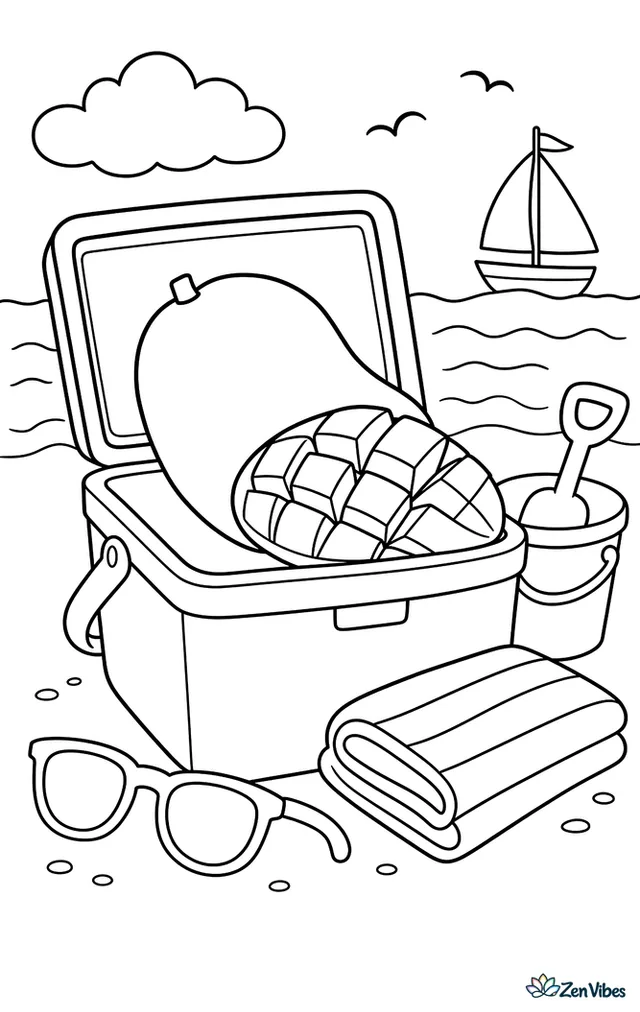 A sliced Ataulfo mango rests in a beach cooler near sunglasses, a towel, and a sand bucket, with gentle waves and a sailboat in the distance.