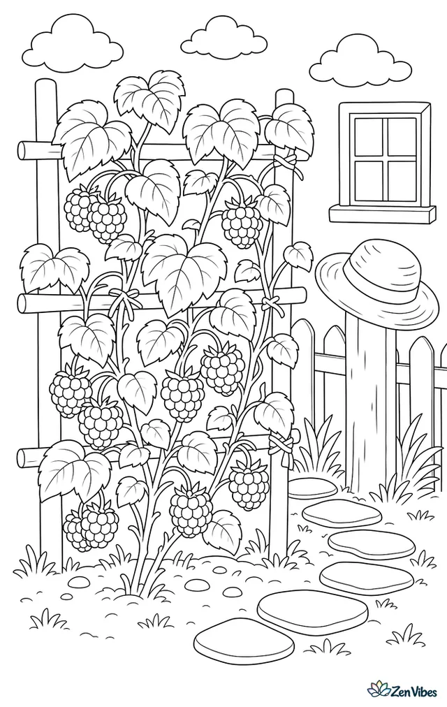 Red Heritage raspberries grow along a garden trellis, with tied canes, heart-shaped leaves, a straw hat on a fence post, and stepping stones leading past the patch.