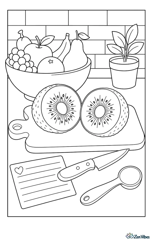 A halved Hayward kiwi sits on a cutting board with a paring knife, measuring spoon, and recipe card, while a fruit bowl and tiled backsplash fill the kitchen.