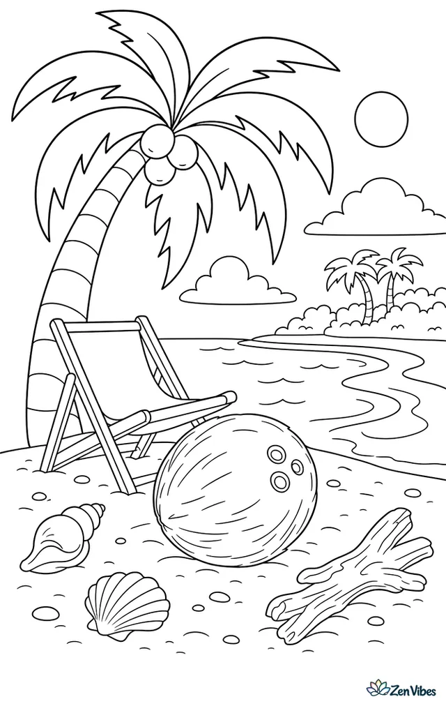 A brown coconut rests in the sand beneath a palm tree, with a beach chair, seashells, driftwood, and a calm shoreline curving toward the horizon.