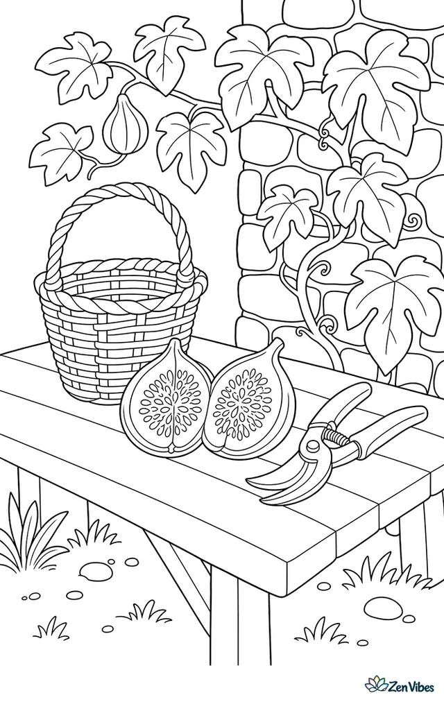A split Black Mission fig lies on a garden bench beside pruning shears and a straw basket, while fig leaves, climbing vines, and a stone wall frame the corner.
