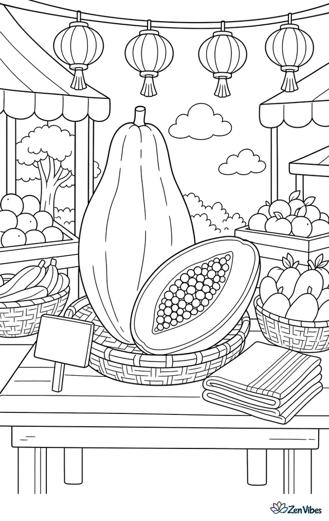 A Maradol papaya is displayed on a market table among baskets, handwritten price tags, folded cloths, and neighboring produce stands under a row of hanging lanterns.