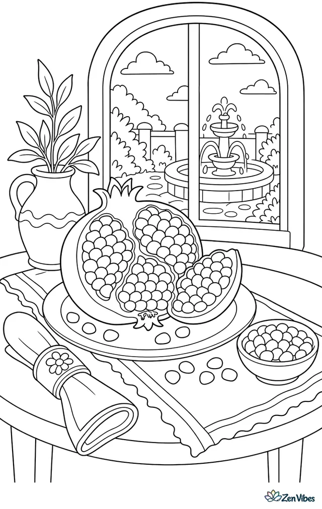 An opened Wonderful pomegranate shows its seeds on a dining table with a cloth runner, small bowl, napkin ring, and a window overlooking a courtyard fountain.