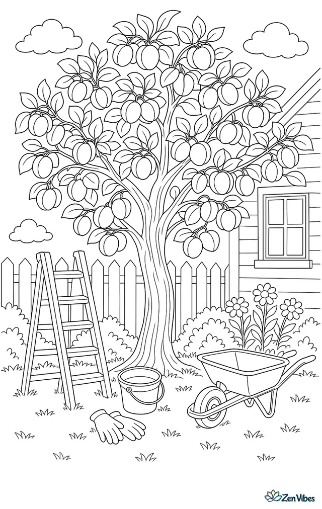 Golden Tilton apricots fill the branches of a backyard tree, while a ladder, picking bucket, garden gloves, and a wheelbarrow wait below on the grass.