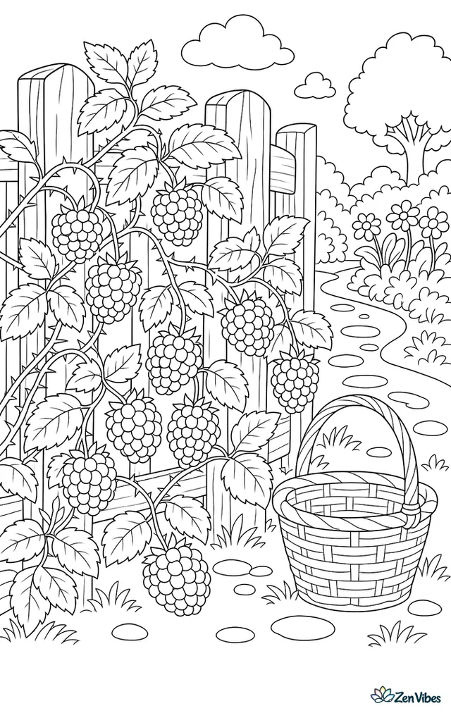 Plump Triple Crown blackberries trail along a wooden fence with thorny canes, clusters of leaves, a nearby basket, and a winding path through the garden.