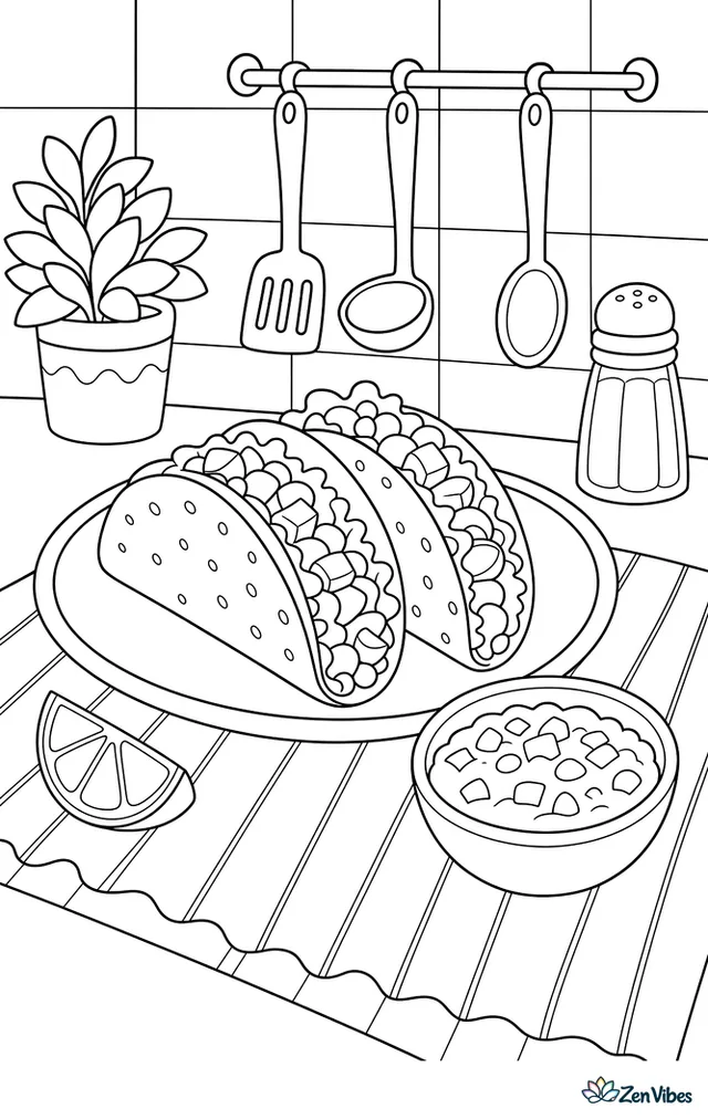 A Persian lime wedge sits beside a plate of tacos, a salsa bowl, striped placemat, and salt shaker, with kitchen tiles and hanging utensils behind.