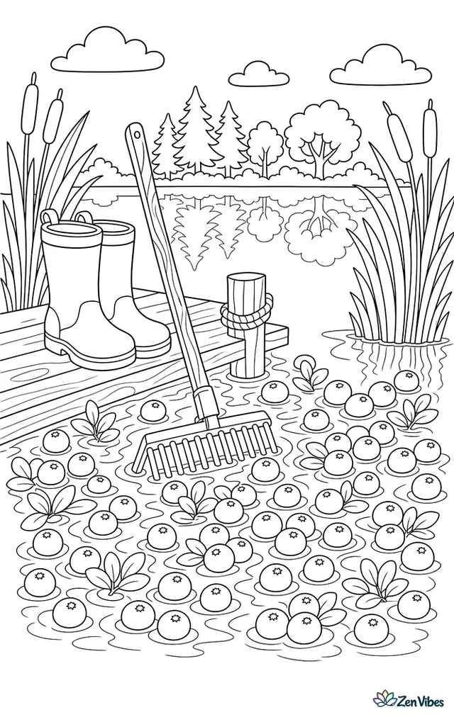 Ruby cranberries float in a shallow bog bordered by reeds, with rubber boots on a dock, a wooden rake, and distant trees reflected in still water.