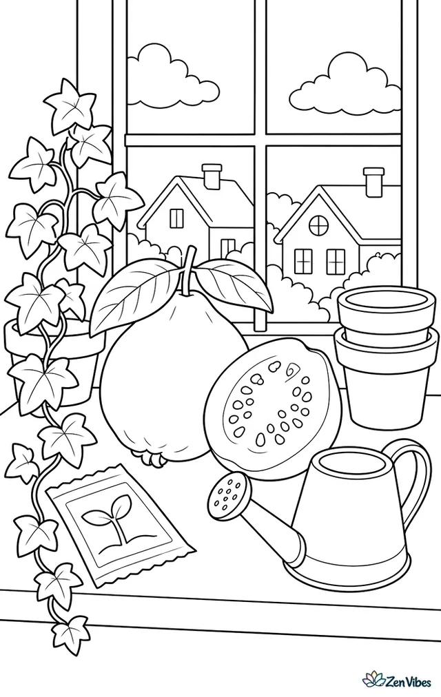 A pink guava rests on a sunny windowsill beside a small watering can, seed packet, terracotta pots, and trailing ivy, with rooftops visible beyond the panes.