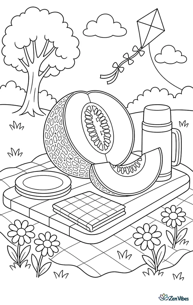 A sliced Athena cantaloupe sits on a picnic board with plates, napkins, and a thermos, while a blanket, daisies, and a kite brighten the park setting.