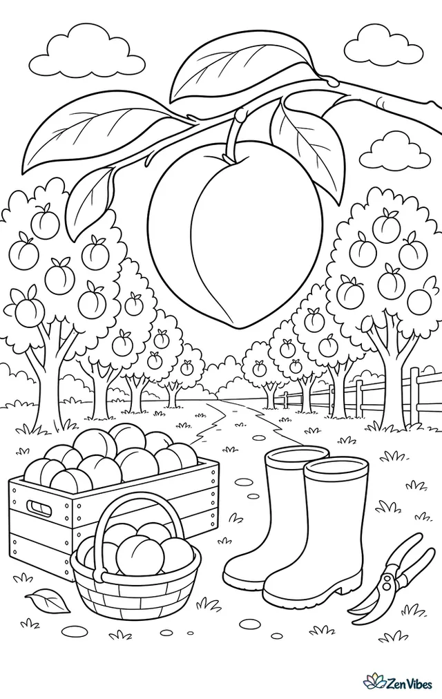 A smooth Fantasia nectarine hangs from a branch over a crate-lined orchard lane, where boots, baskets, and trimmed trees create a tidy harvest scene.