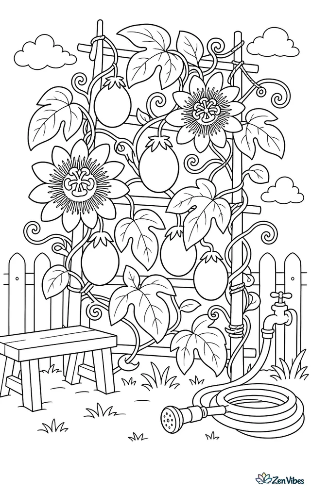 Purple passion fruit grows on a trellis covered in curling vines, unusual blossoms, broad leaves, and garden twine, with a bench and watering hose nearby.