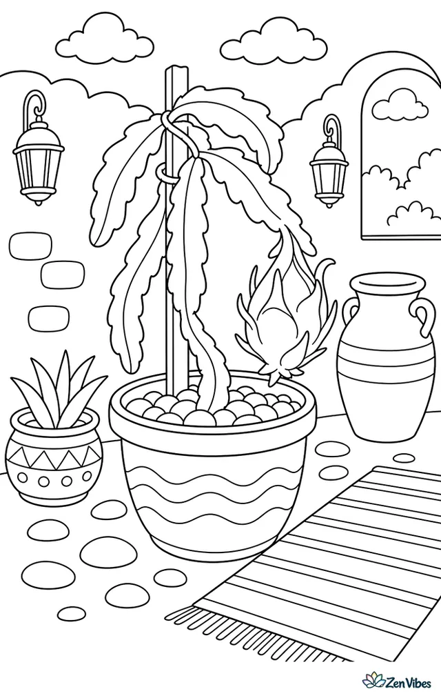 A pink dragon fruit hangs from a cactus stem in a patio planter, surrounded by pebbles, clay pots, a striped rug, and a stucco wall with lanterns.