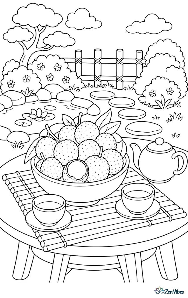 A cluster of lychees sits in a bowl on a tea garden table, with teacups, a bamboo mat, stepping stones, and trimmed shrubs around a small pond.