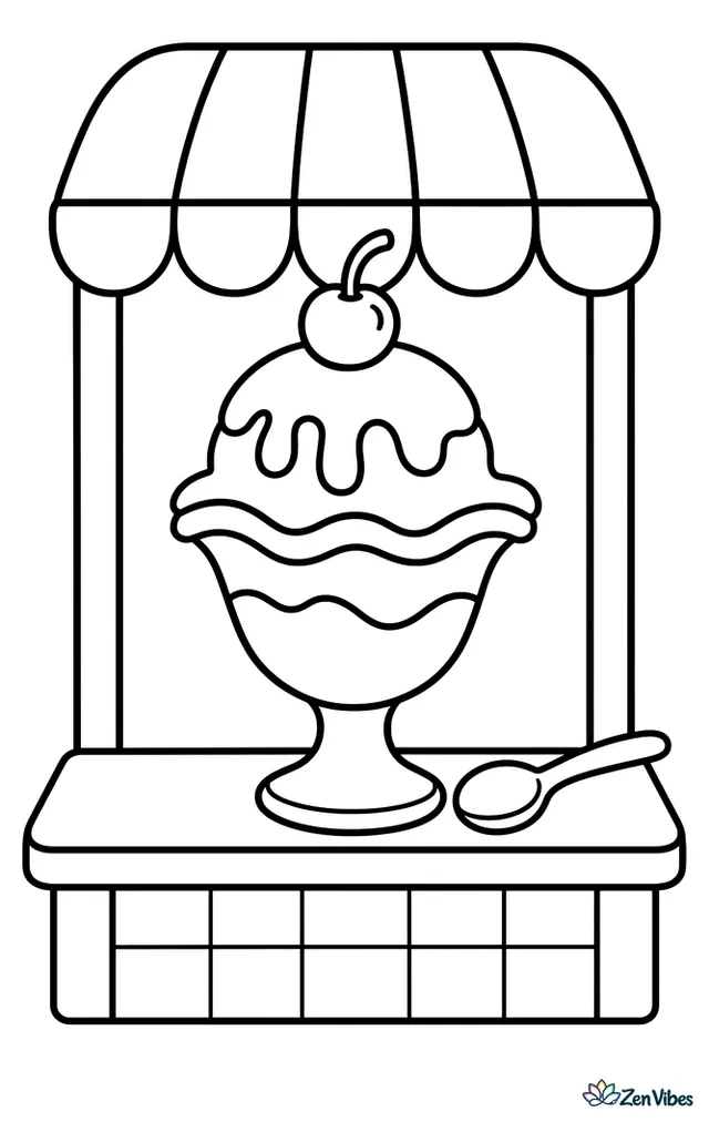 A chocolate sundae in a glass dish is topped with one cherry, while a spoon rests nearby and a striped awning, small counter, and simple floor tiles frame the scene.