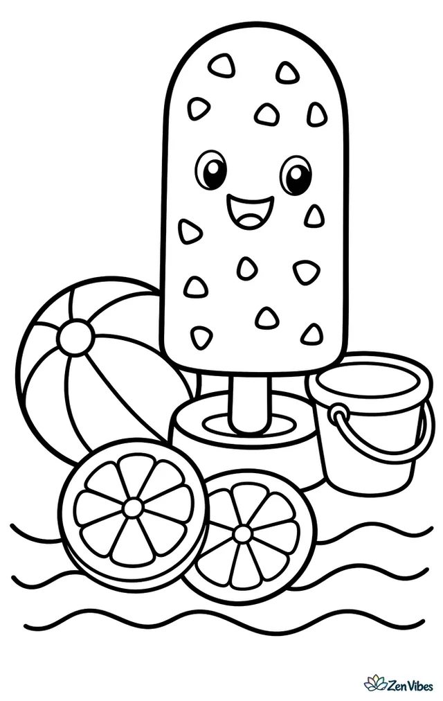 A mint chip popsicle stands upright in a holder beside two lemon slices, with a beach ball, a tiny bucket, and gentle wave lines creating a cheerful summer setting.