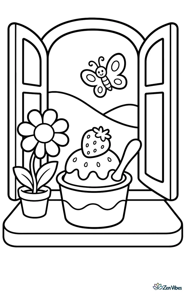A strawberry ice cream cup with a tiny spoon sits on a windowsill next to a daisy, while a butterfly flutters outside and rolling hills appear beyond the open window.