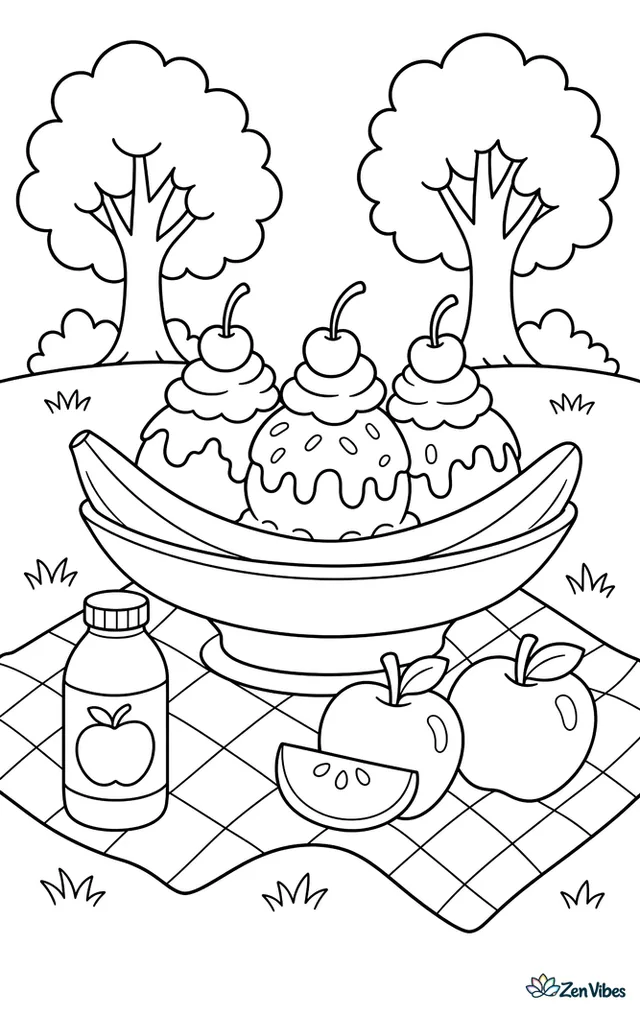 A banana split rests on a picnic blanket in a park, topped with whipped cream and cherries, while apples, a juice bottle, and two leafy trees surround the afternoon snack.