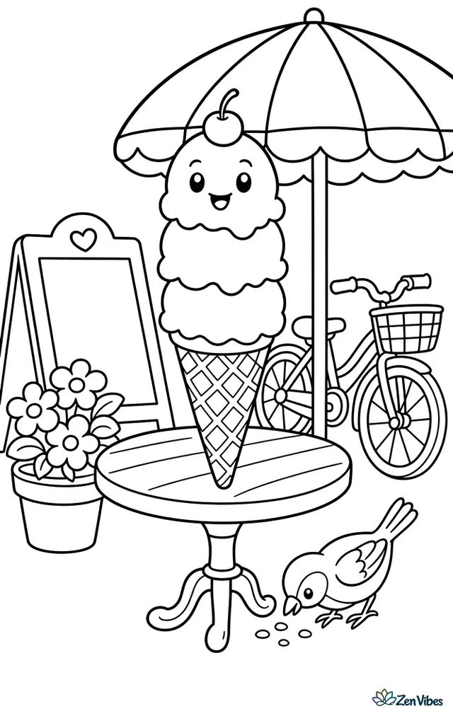 A triple-scoop waffle cone balances on a sidewalk café table near a menu board, flowerpot, and bicycle, while a sparrow pecks nearby under a striped umbrella.
