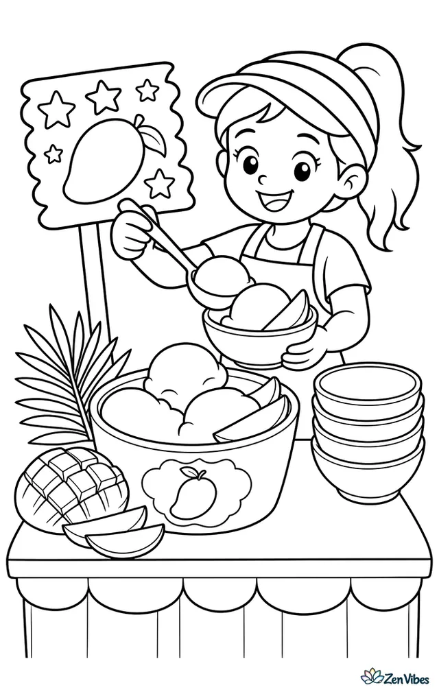 A bowl of mango sorbet is being served with a ladle at an outdoor stand, surrounded by sliced mangoes, stacked bowls, a palm leaf, and a sign with hand-drawn stars.