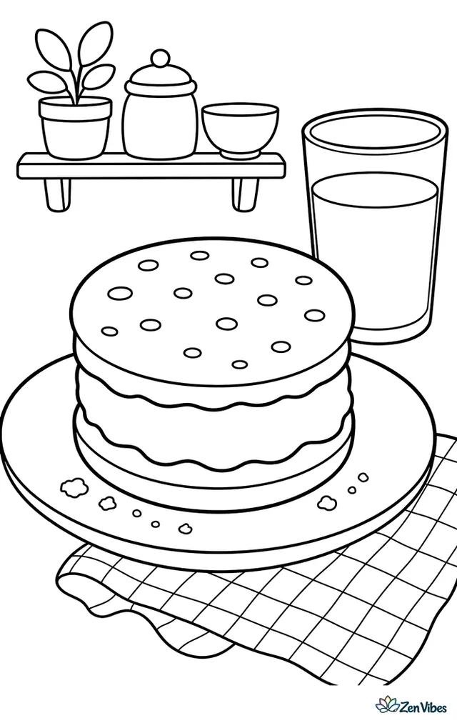 A vanilla ice cream sandwich between chocolate cookies rests on a plate beside a glass of milk, crumbs, and a checked cloth, with a kitchen shelf in the background.