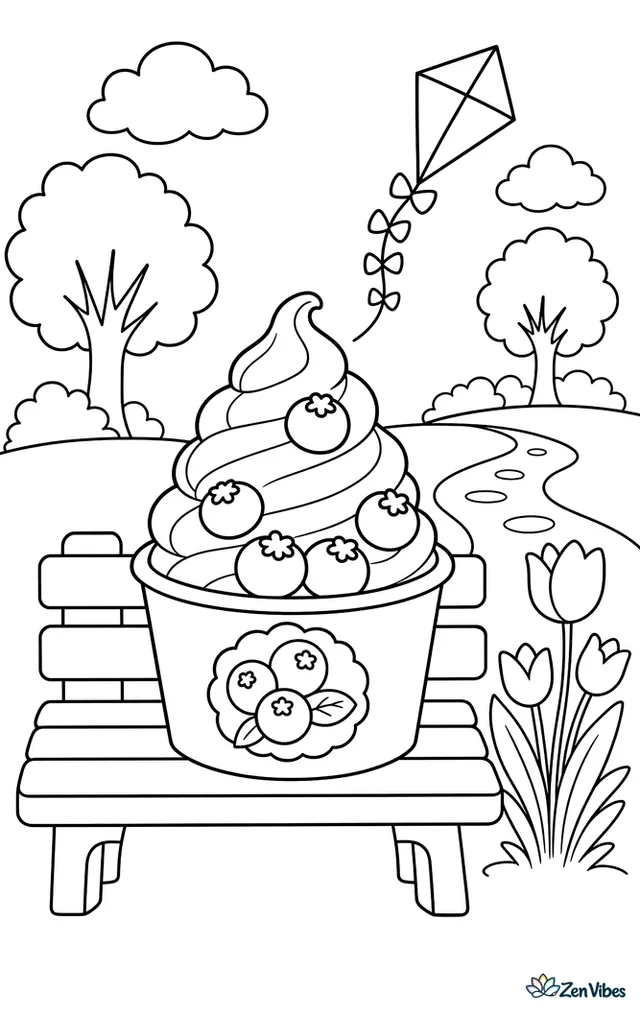 A swirl of blueberry frozen yogurt fills a paper cup on a bench, topped with berries, while a park path, tulips, and a kite in the sky complete the scene.
