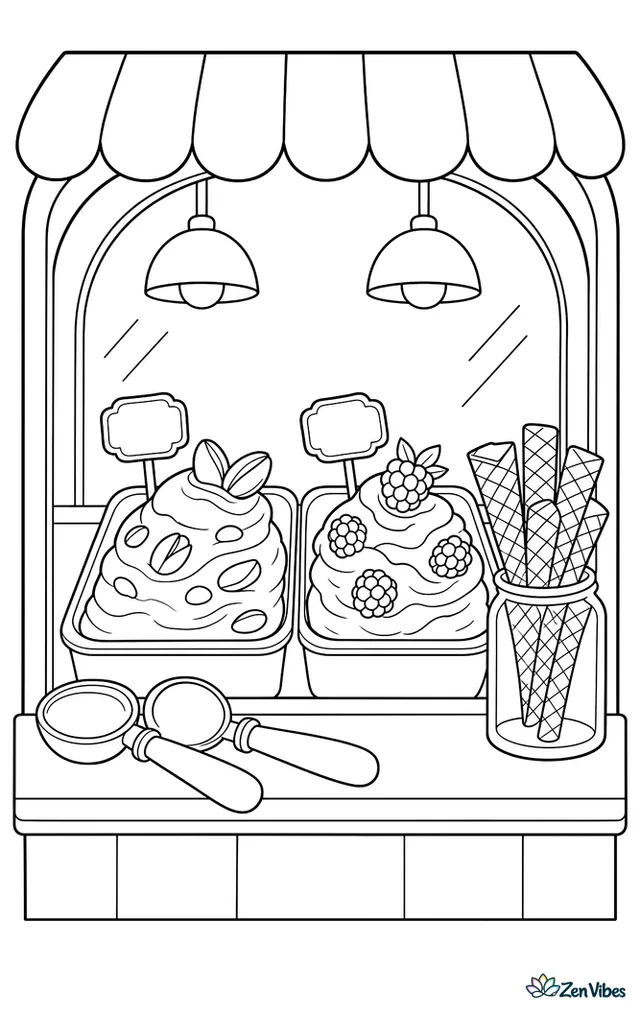 Pistachio gelato and raspberry gelato sit in metal tubs behind a shop window, while scoops, price tags, jars of waffle wafers, and hanging lights create a welcoming display.