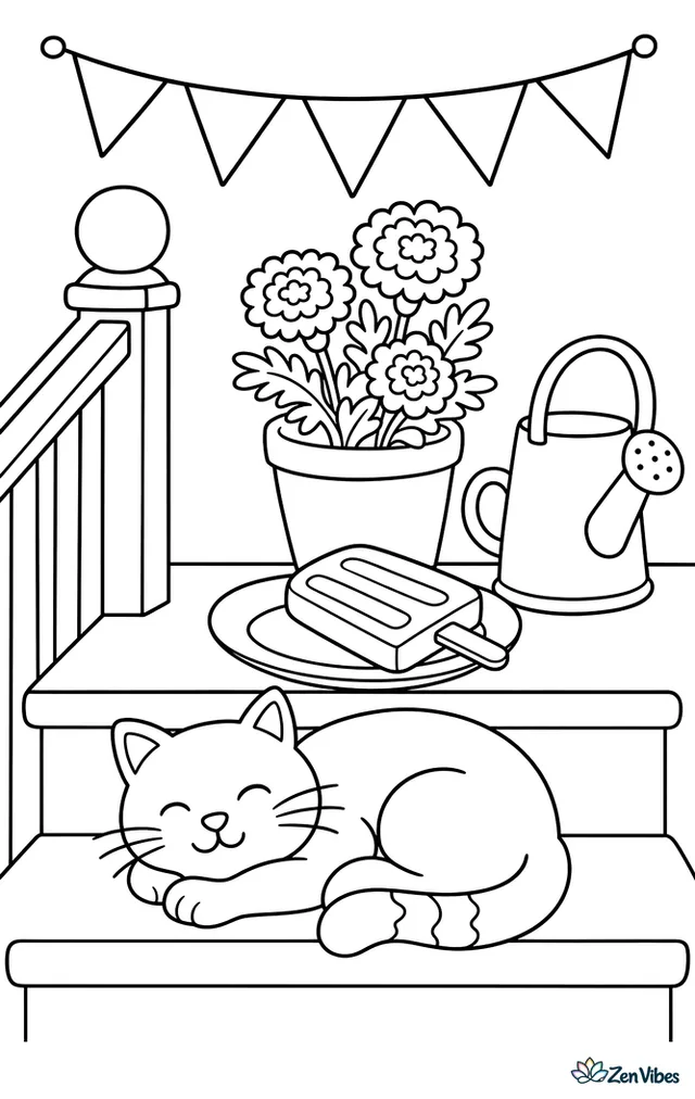 An orange creamsicle rests on a plate on the porch steps, beside a watering can and potted marigolds, while a cat naps nearby under fluttering triangular bunting.