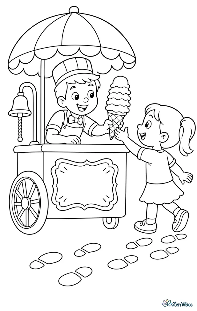 A rainbow sherbet cone is being handed across an ice cream cart, with wheels, a bell, a parasol, and chalkboard specials, while children’s footprints trail across the path.