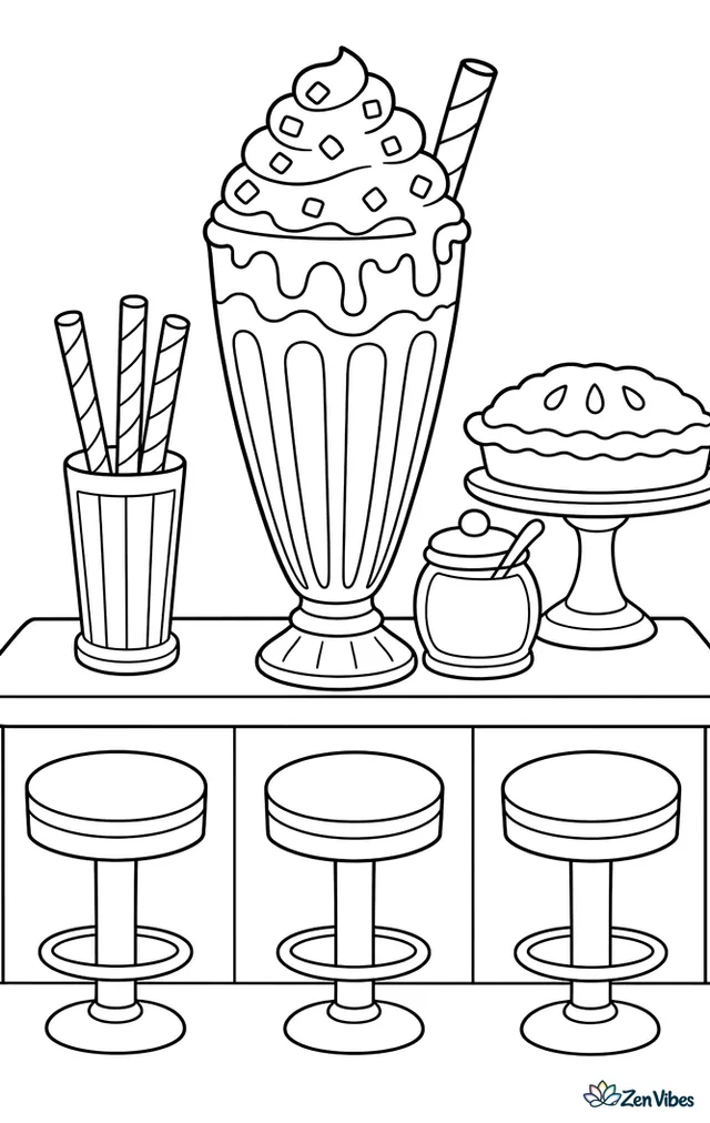 A tall caramel milkshake with whipped cream stands on a diner counter beside striped straws, a sugar jar, and a pie stand, with stools lined up below.
