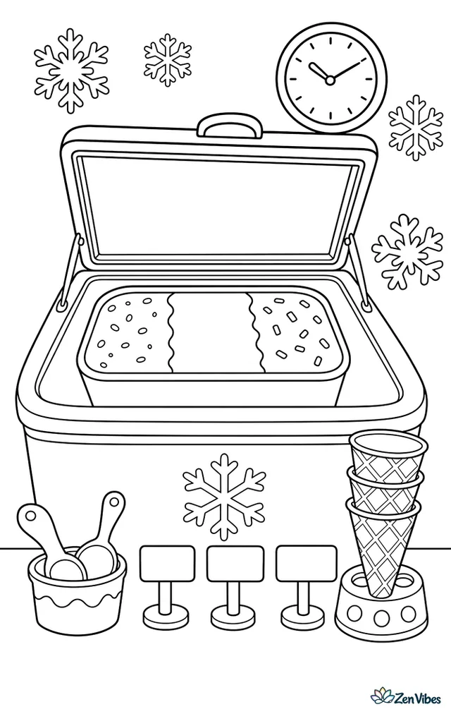 A tub of Neapolitan ice cream sits in an open freezer case with scoops, cones, and small labels nearby, while snowflake decals and a wall clock decorate the shop.