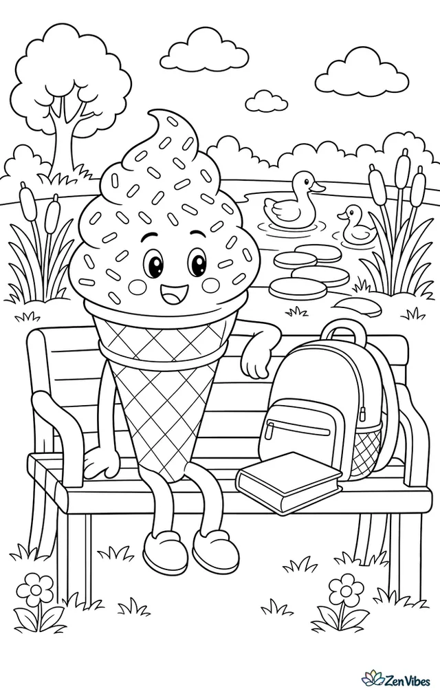 A vanilla cone covered in rainbow sprinkles rests on a park bench beside a backpack and book, while ducks paddle in a pond behind cattails and stepping stones.