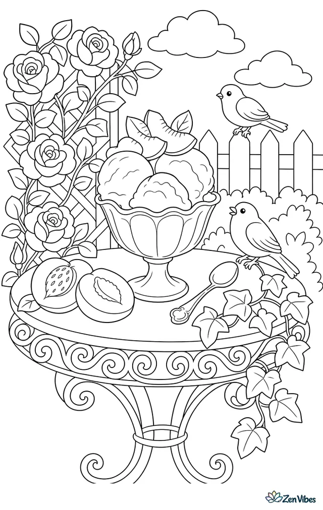 A dish of peach gelato is set on a wrought-iron garden table with a spoon, peach halves, and ivy, while roses climb a trellis and songbirds perch nearby.