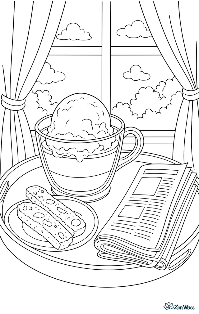 A scoop of vanilla ice cream floats in espresso inside a clear cup on a breakfast tray, with biscotti, a folded newspaper, and window curtains framing the quiet morning.