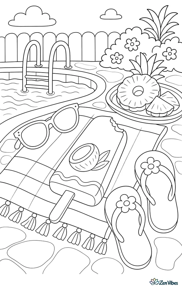 A coconut popsicle lies on a towel beside sunglasses and flip-flops, while pool ladders, rippling water, and a tray of pineapple slices create a sunny poolside scene.