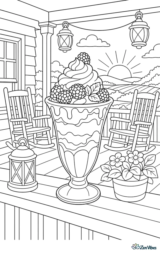 A blackberry sundae in a tall glass sits on a porch railing table, topped with berries and cream, while rocking chairs, lanterns, and a sunset over fields appear behind.