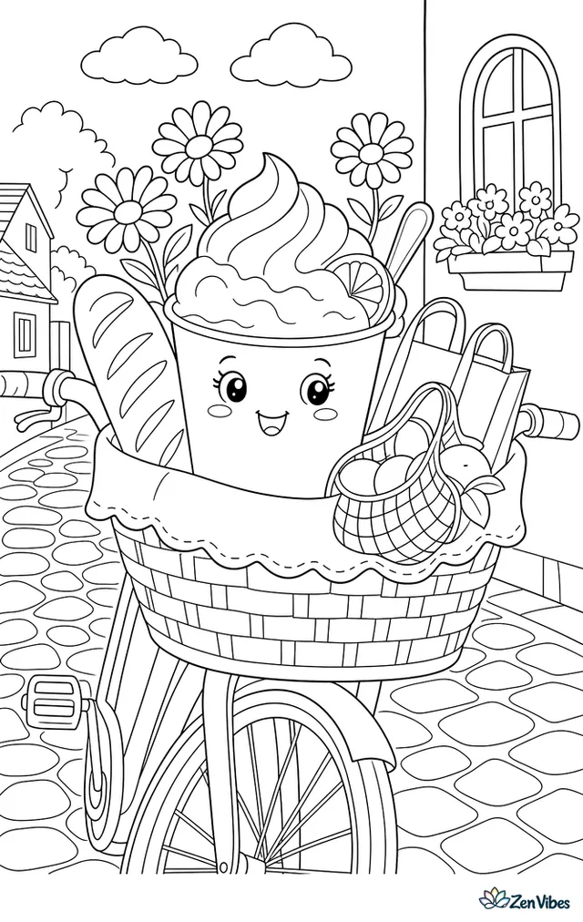 A cup of lemon gelato rides in a bicycle basket lined with cloth, surrounded by daisies, a loaf of bread, and market bags, while cobblestones stretch down the lane.