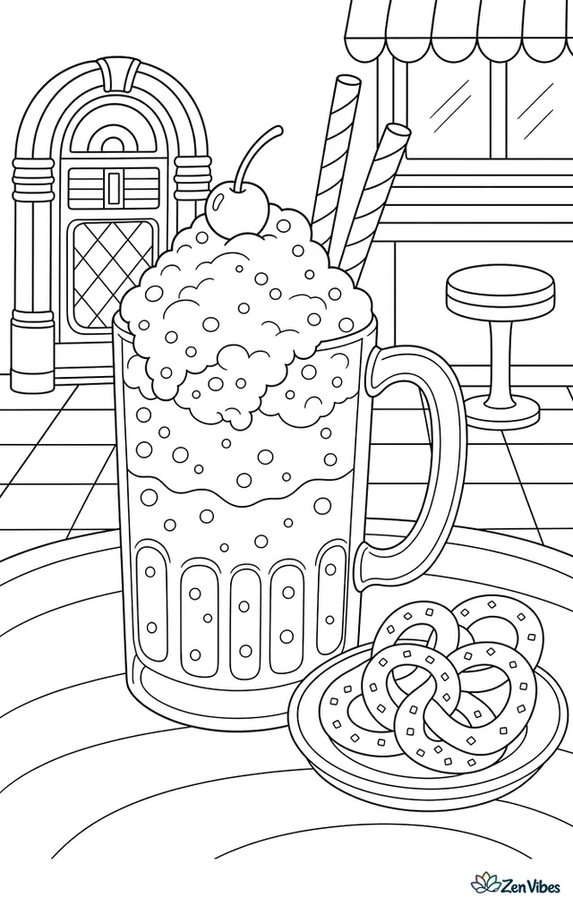 A root beer float bubbles in a frosty mug on a soda shop table, with striped straws, a jukebox corner, checkerboard floor tiles, and a plate of pretzels nearby.