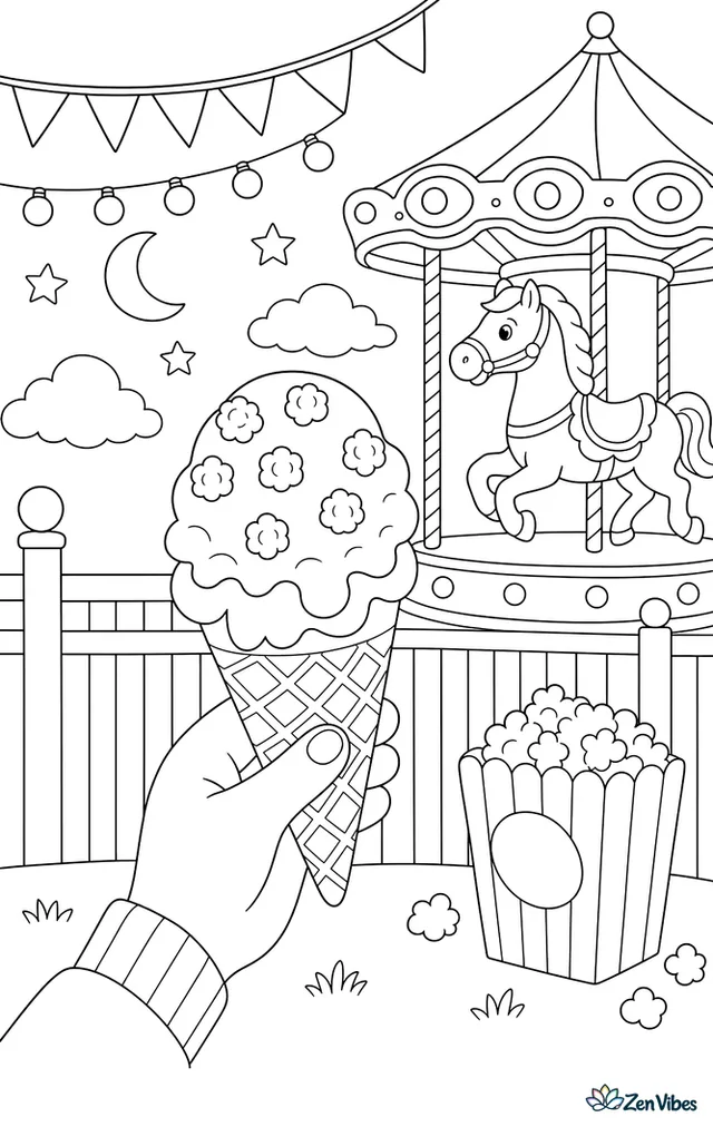 A raspberry ice cream cone is held near a fairground fence, with a carousel horse, string lights, popcorn box, and pennant flags creating a festive evening backdrop.