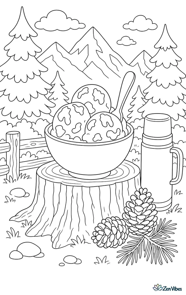 A bowl of moose tracks ice cream sits on a wooden stump in a forest picnic area, beside pinecones and a thermos, while fir trees and mountain peaks rise beyond.