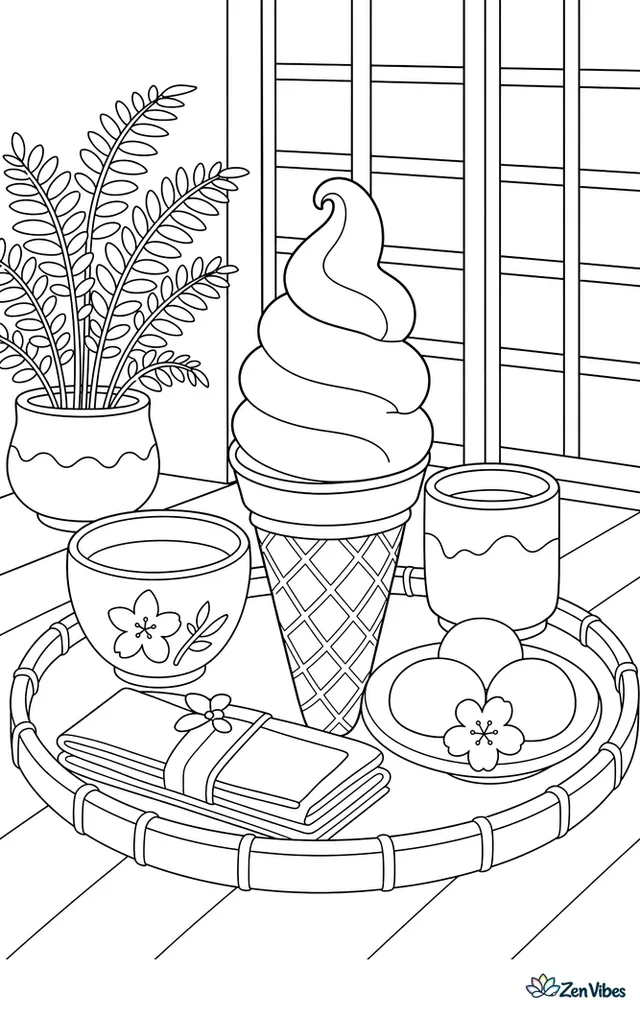 A matcha soft-serve cone stands on a bamboo tray beside tea cups, folded napkins, and mochi, while shoji screens and a potted fern make a calm tea room.