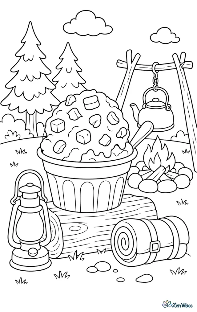 A cup of rocky road ice cream rests on a log near a campsite, with a lantern, rolled blanket, pine trees, and a kettle hanging above gentle campfire stones.
