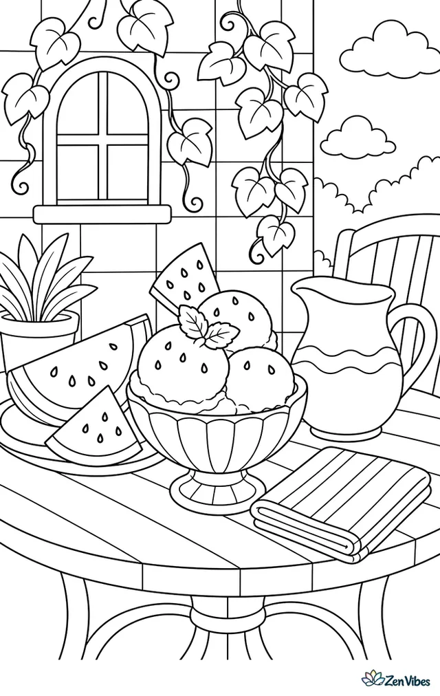 A watermelon sorbet bowl is served on a patio table beside melon slices, a pitcher, and striped napkins, while climbing vines and a tiled wall brighten the courtyard.