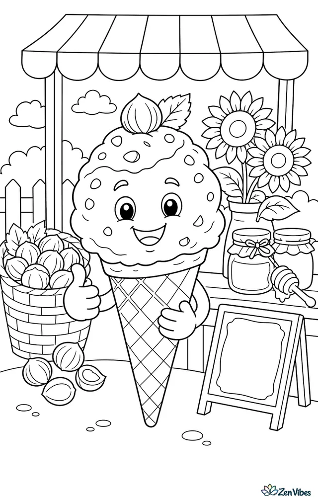 A cone of hazelnut gelato is enjoyed at a farmers market stall, surrounded by baskets, sunflowers, jars of honey, and a chalk sign beneath a canopy.