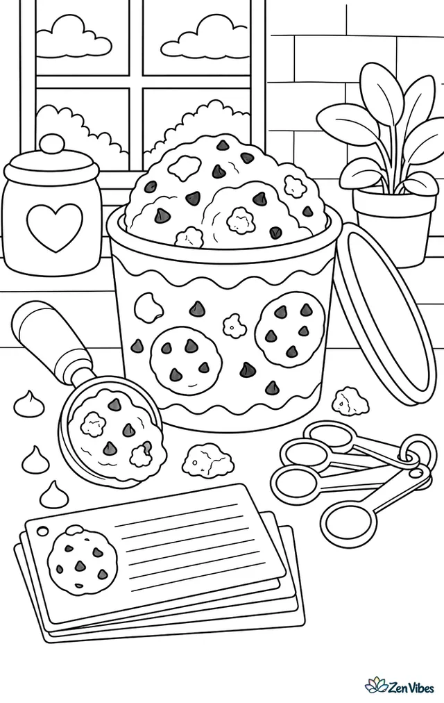 An open tub of chocolate chip cookie dough ice cream sits on a kitchen counter with a scoop, cookie pieces, measuring spoons, and recipe cards spread around it.