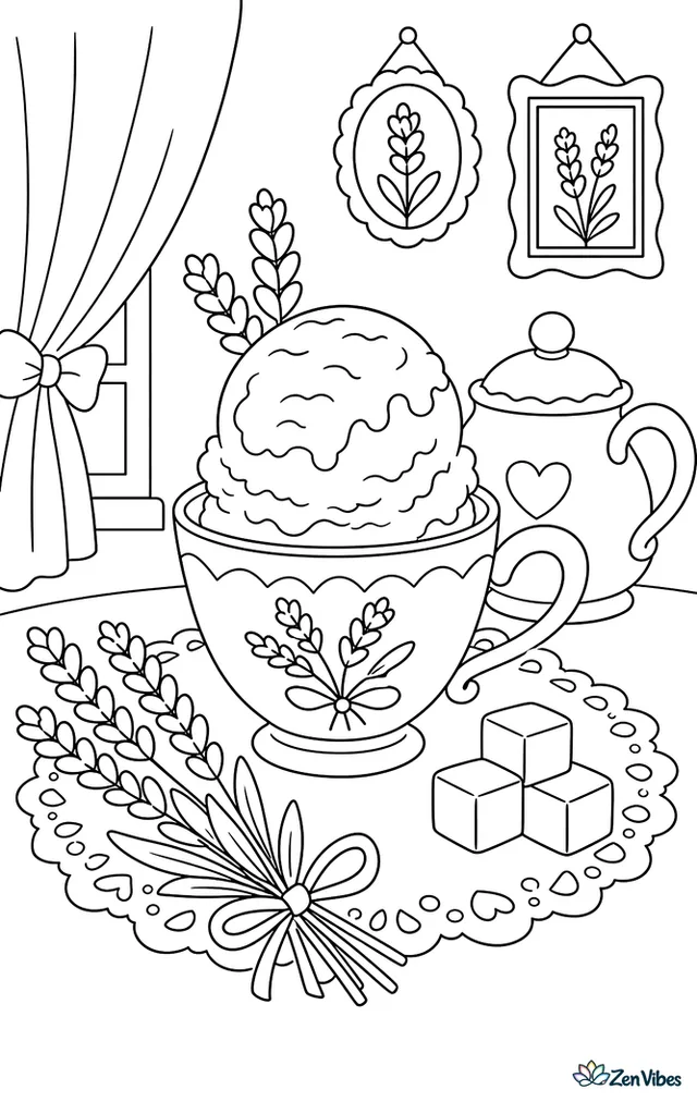 A scoop of lavender ice cream in a teacup sits on lace beside sprigs of lavender, sugar cubes, and a teapot, while curtains and framed pictures decorate the room.